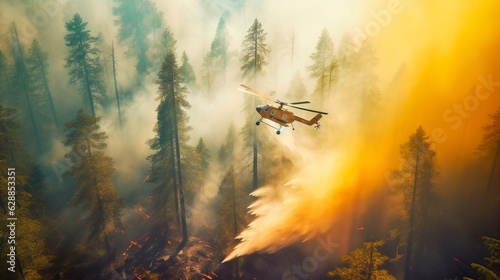 Tableau sur toile fire control as a helicopter hovers over a field, dousing flames with water to protect the surrounding
