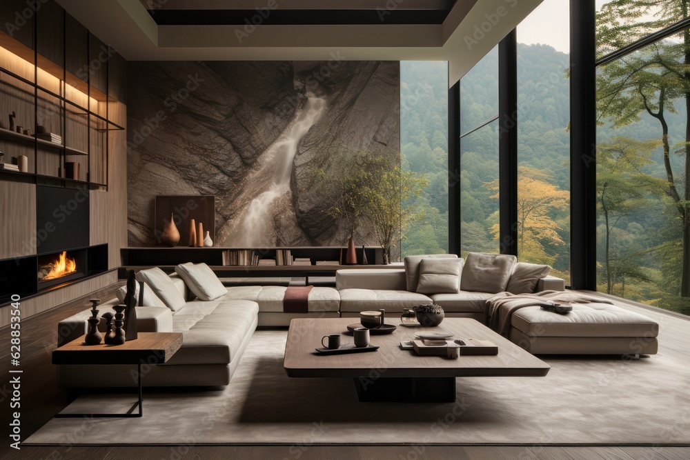 Fototapeta premium Modern, spacious living room highlighted by elegant upholstery and tasteful decor, captured in vivid details.