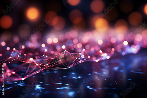 Abstract background with neon lines glowing in ultraviolet light, and bokeh lights. Data transfer concept. Digital futuristic wallpaper. Generative AI.