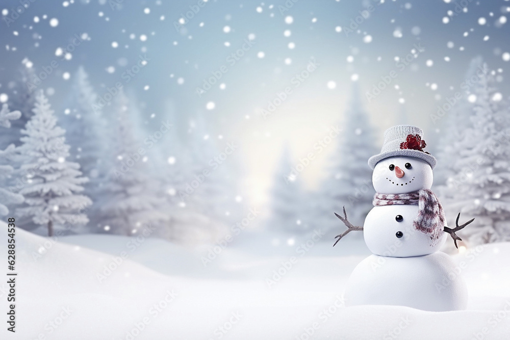 Snowman in winter scenery with copy space