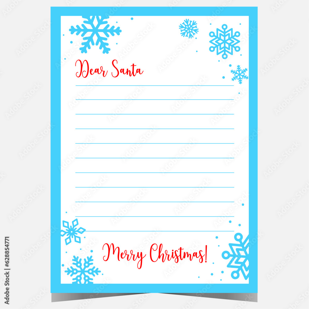 Santa Claus Christmas letter template design with blue snowflakes on white background. Dear Santa festive layout for children to write their wishes to Santa Claus during winter holidays celebration. Santa Claus Christmas letter template design with blue snowflakes on white background. Dear Santa festive layout for children to write their wishes to Santa Claus during winter holidays celebration.