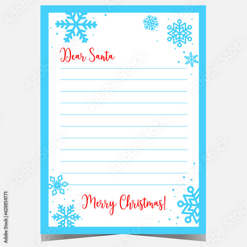 Santa Claus Christmas letter template design with blue snowflakes on white background. Dear Santa festive layout for children to write their wishes to Santa Claus during winter holidays celebration.