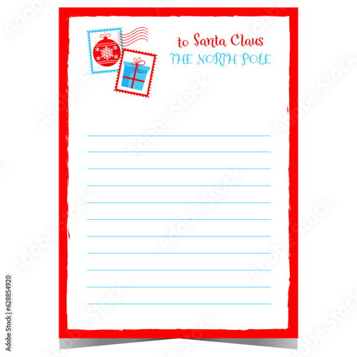 Letter to Santa Claus template. Christmas wish list or postcard with postage stamp for kids to complete and send it to Santa during winter holidays. Empty template design, ready to print.