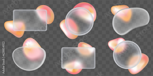 3d blur glassmorphism blob frame design with rectangle and circle shape abstract vector. Digital template with fluid glass glossy element interface mockup. Card and sphere icon set for app screen.