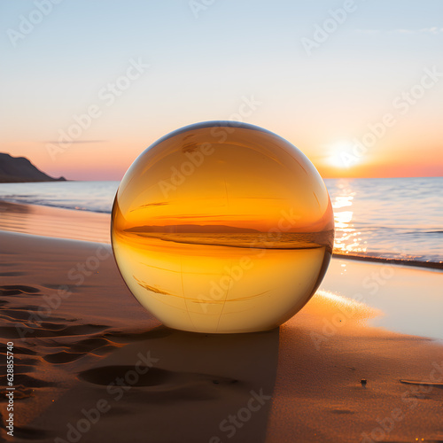 An amber colored sphere on a beach