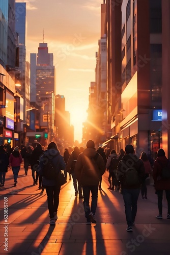 A group of people in a vibrant cityscape, illuminated by the setting sun. Generative AI