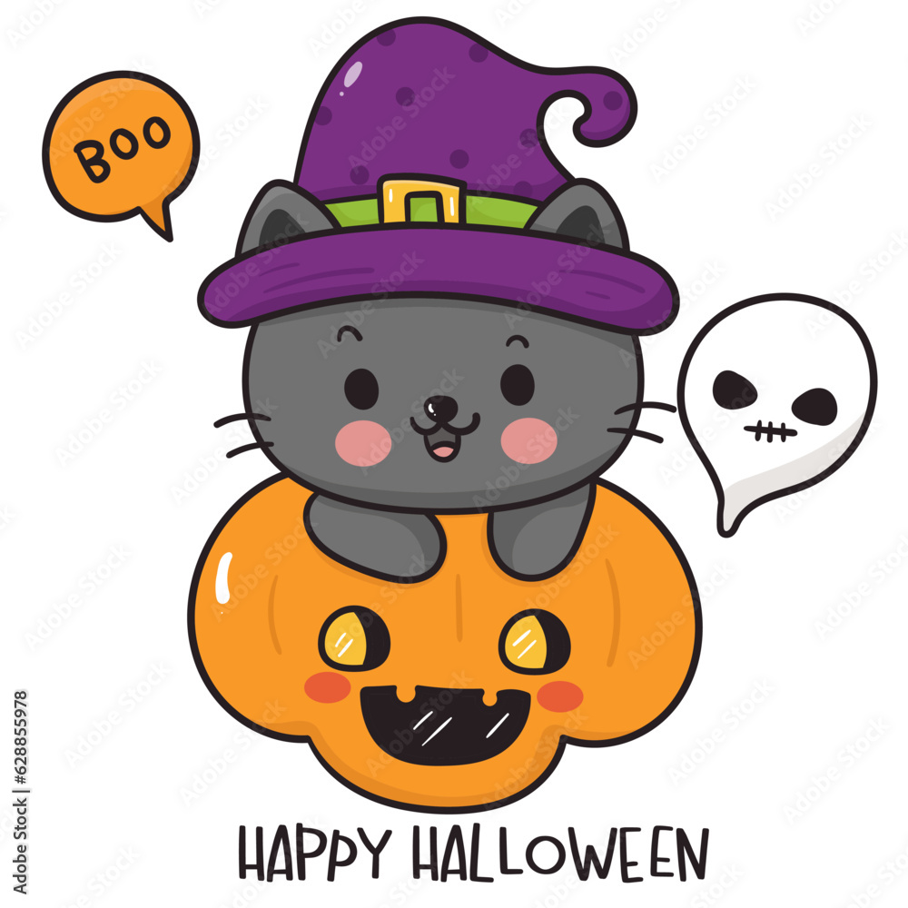 Fototapeta premium cat halloween card with pumpkin and ghost kawaii animal