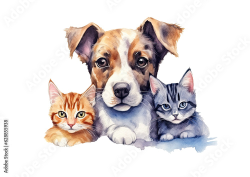 Illustration of cute dog and cats in watercolor painting style.