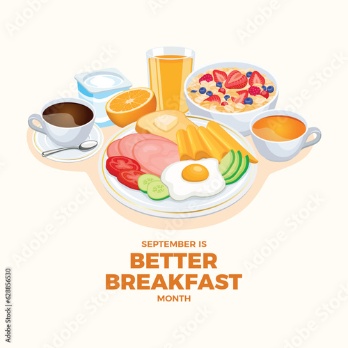 September is Better Breakfast Month vector illustration. Healthy full breakfast still life icon vector. Big breakfast with many food and drinks drawing. Important day