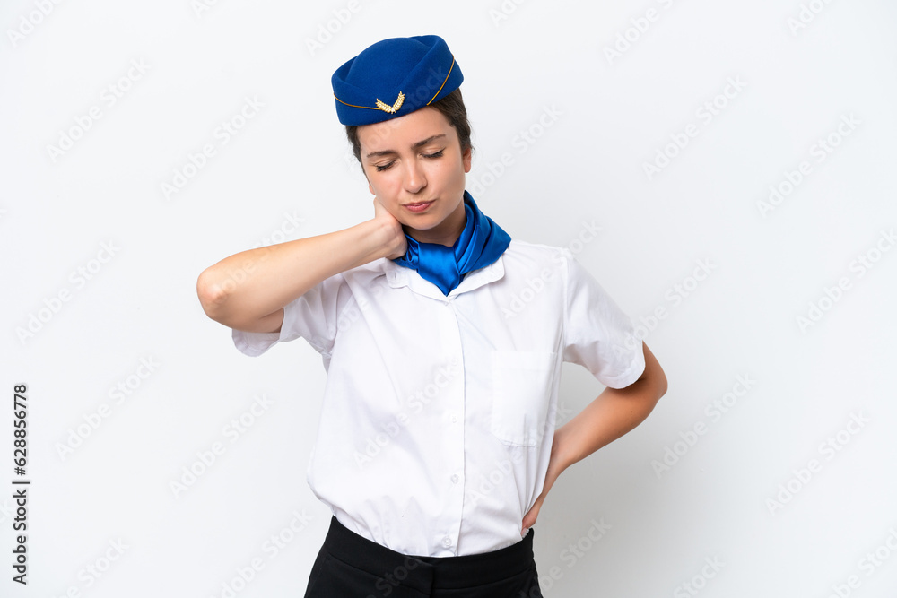 Airplane stewardess caucasian woman isolated on white background with neckache Airplane stewardess caucasian woman isolated on white background with neckache
