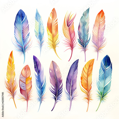 Colorful feathers collection isolated on white background, Generative AI © AIExplosion
