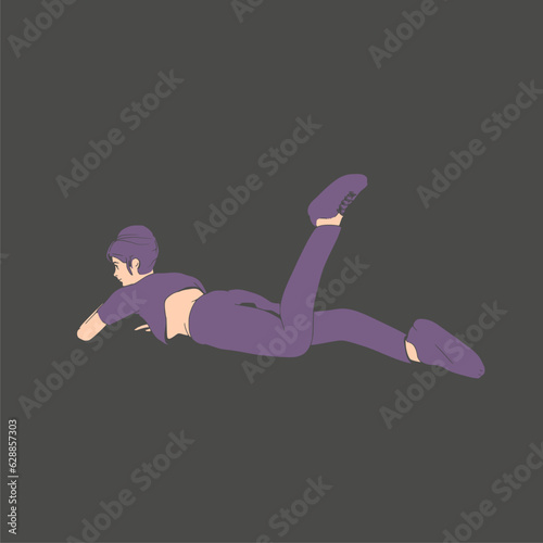Lying woman. Sport girl illustration. Casual sportwear - t-shirt, breeches and sneakers. Young woman wearing workout clothes. Sport fashion girl outline in urban casual style.