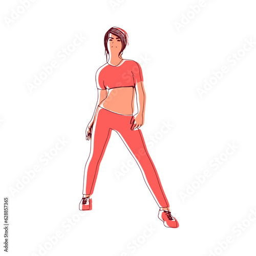 Standing woman. Sport girl illustration. Casual sportwear - t-shirt, breeches and sneakers. Young woman wearing workout clothes. Sport fashion girl outline in urban casual style.