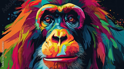  Colorful abstract Cyberpop animal orangutan  painting geometric style. Isolated black background Generative AI photo