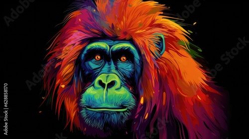  Colorful abstract Cyberpop animal orangutan  painting geometric style. Isolated black background Generative AI photo