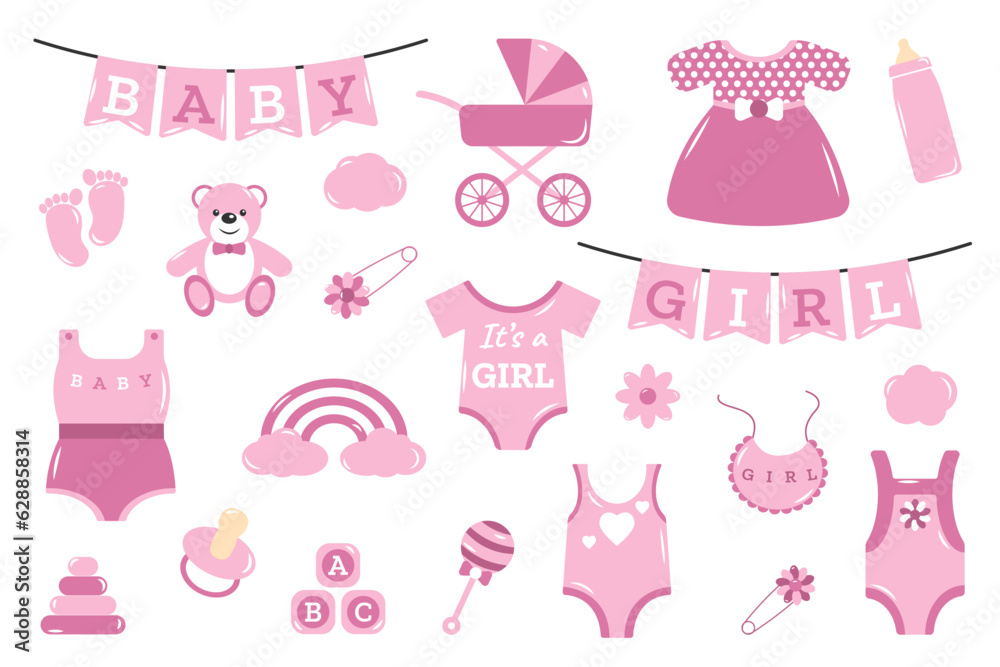 Vector baby shower collection for girl with cute elements. Perfect for birthday, kids party, clothing prints, greeting cards.
