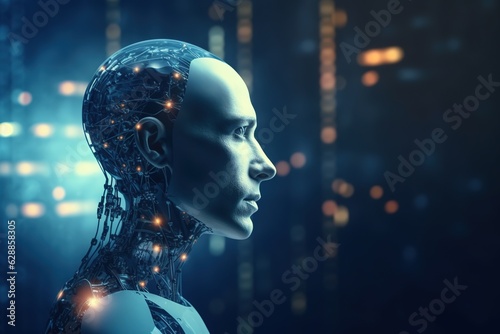 Side view portrait of robot head on futuristic background. AI technology concept.
