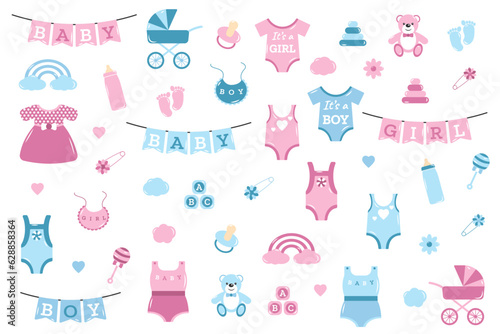 Vector baby shower collection for boy and girl with cute elements. Perfect for birthday, kids party, clothing prints, greeting cards.