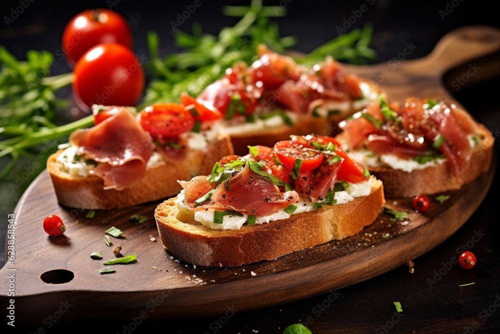 Bruschetta with prosciutto crudo or jamon, parma ham and fresh tomatoes on wooden board Bruschetta with prosciutto crudo or jamon, parma ham and fresh tomatoes on wooden board