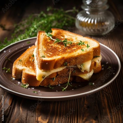  Grilled toast with cheese and herbs on a wooden background. Selective focus
