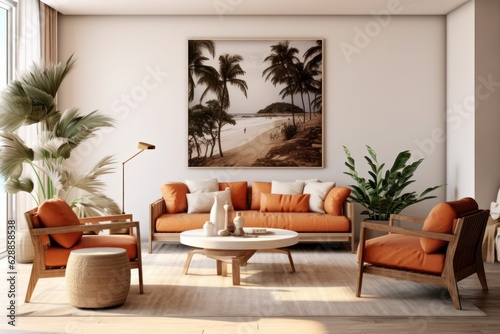Luxurious living room with wall textures  carpets and nature inspiring details. Modern  fabulous and sleek living room design  led lights and wall paintings