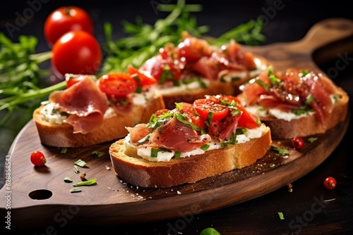 Bruschetta with prosciutto crudo or jamon, parma ham and fresh tomatoes on wooden board