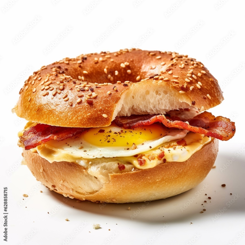 Bagel with fried egg bacon and cheese on white background created using generative AI tools Bagel with fried egg bacon and cheese on white background created using generative AI tools