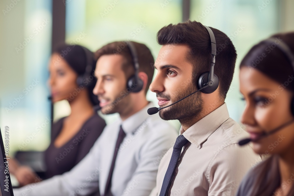 Group of customer support operators working in call center. Group of customer support operators working in call center.