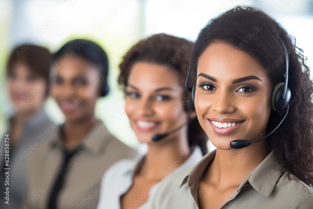 Smiling call center agents women wearing headset working together in office. Smiling call center agents women wearing headset working together in office.