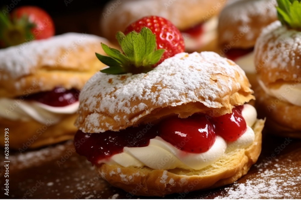 Strawberry strudel with cream on a black background. Selective focus Strawberry strudel with cream on a black background. Selective focus