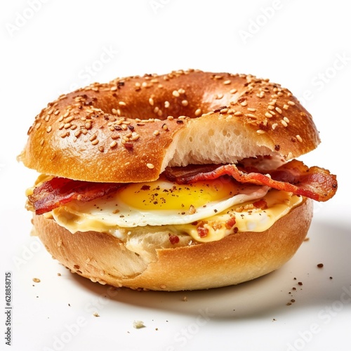 Bagel with fried egg bacon and cheese on white  background created using generative AI tools
