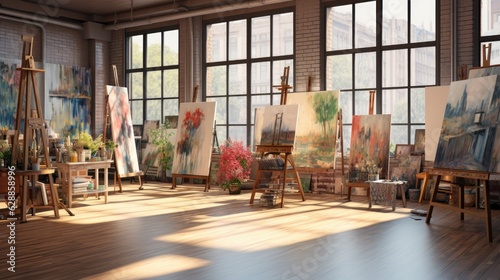 An artist's loft with large windows and completed paintings on easels. Generative AI