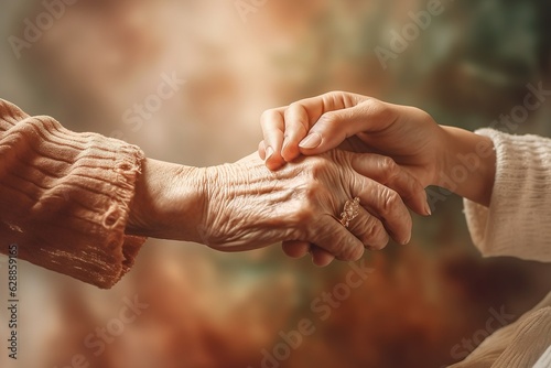 Senior patient hand holding caregiver for a hand while spending time together. Closeup.