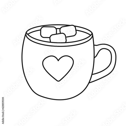 Easy simple outline coffee cup, mug with heart. Coloring book of cup with coffee drink and marshmallows with live stroke isolated on white background. Doodle style