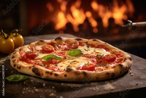 Hot pizza in the oven on a wooden board. Fire in the background