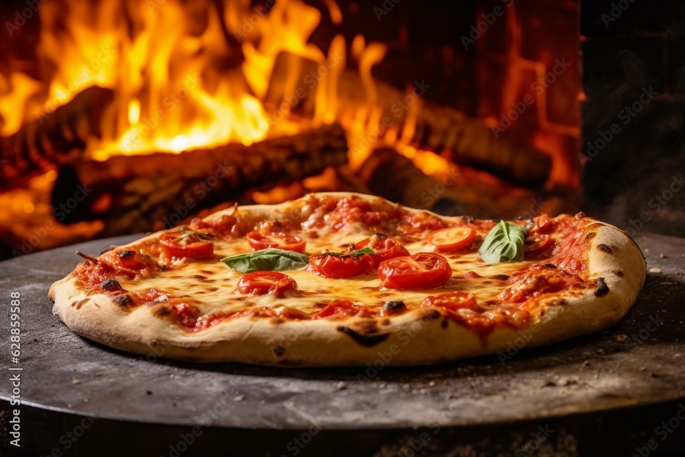  Pizza in front of the fireplace, close-up, vertical