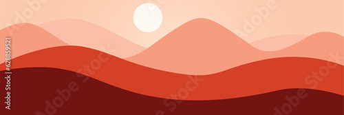 Vector colorful illustration of a sunset in the mountains. Horizontal banner template. Abstract nature.