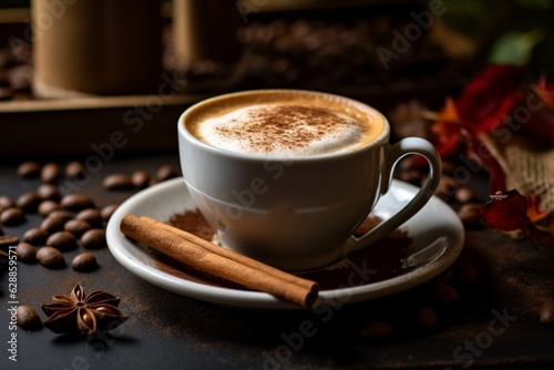 Cup of coffee with latte art on wooden table in cafe