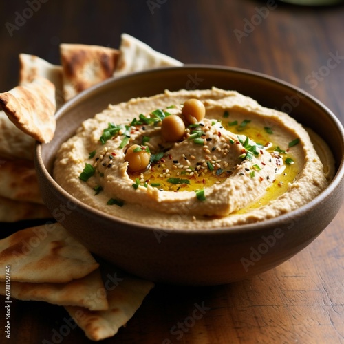 Hummus with almonds and raisins in a bowl