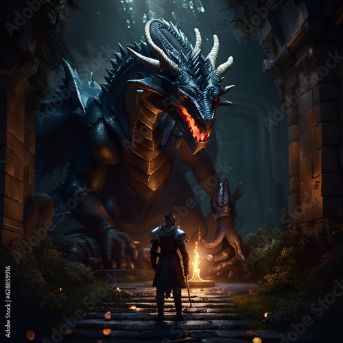 Amazing fantasy scene with a dragon staring at a knight. Digital illustration. CG Artwork Background