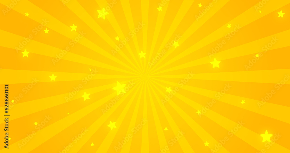 Obraz premium Abstract yellow orange pattern. Cartoon spiral. Children design style. Dynamic retro pop art texture. Moving lines on round. Sunny summer kid funny banner. Autumn falling background. Little stars
