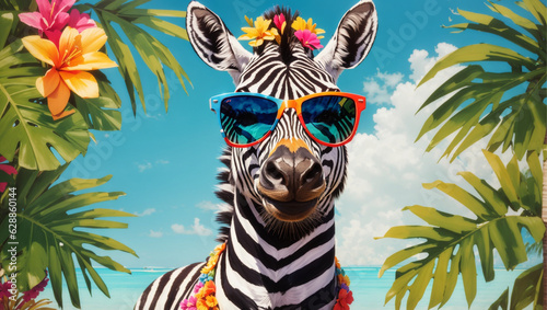 A vibrant portrait of a zebra wearing stylish sunglasses, enjoying a summer, Generative Ai