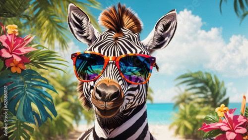 A vibrant portrait of a zebra wearing stylish sunglasses, enjoying a summer, Generative Ai