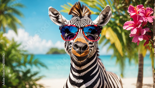 A vibrant portrait of a zebra wearing stylish sunglasses, enjoying a summer, Generative Ai