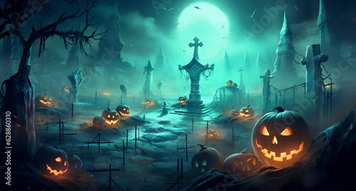 dark night bat halloween cemetery pumpkin horror holiday moon grave. Generative AI.