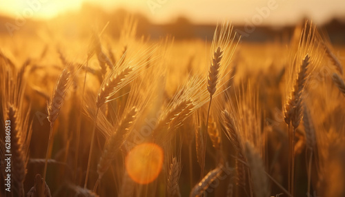 Beautiful nature sunset landscape. Ears of golden wheat close up. Rural scene under sunlight. Summer background of ripening ears of agriculture landscape. Natur harvest. Wheat field,generative ai