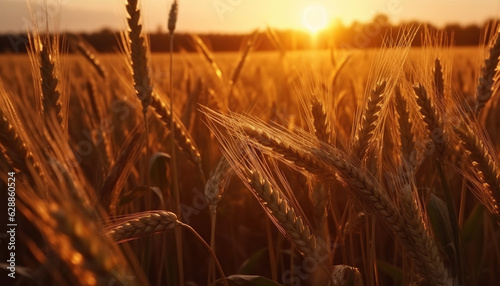Beautiful nature sunset landscape. Ears of golden wheat close up. Rural scene under sunlight. Summer background of ripening ears of agriculture landscape. Natur harvest. Wheat field,generative ai