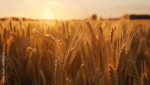 Beautiful nature sunset landscape. Ears of golden wheat close up. Rural scene under sunlight. Summer background of ripening ears of agriculture landscape. Natur harvest. Wheat field,generative ai