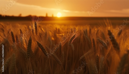 Beautiful nature sunset landscape. Ears of golden wheat close up. Rural scene under sunlight. Summer background of ripening ears of agriculture landscape. Natur harvest. Wheat field,generative ai
