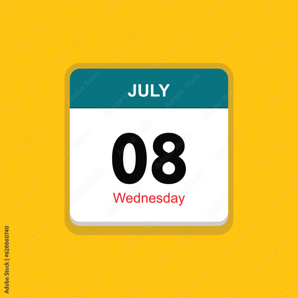 wednesday 08 july icon with yellow background, calender icon